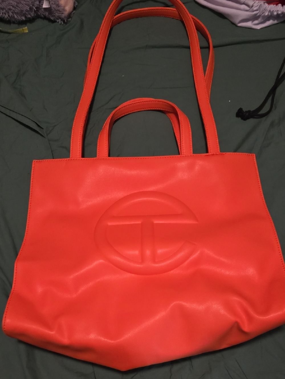 Authentic Bright Orange Telfar Tote Bag with Embossed Logo